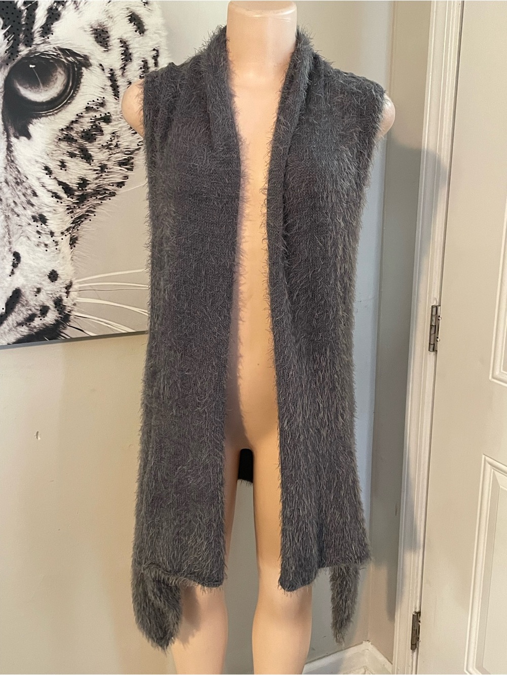 Escio super Soft Open front Shaggy knit eyelash Cardigan sweater Gray XL New